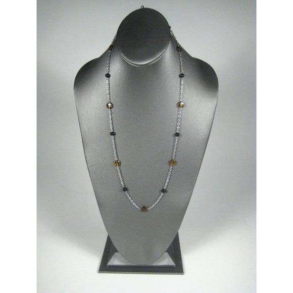 Necklace Brown Plastic Beaded 26 In Strand Silvertone Chain Jewelry Delicate - Picture 3 of 6
